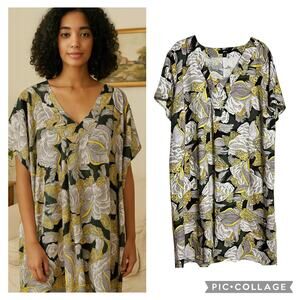 Ellos Linen Blend Tropical Floral Print Shift Dress House Dress - L (2867)‎